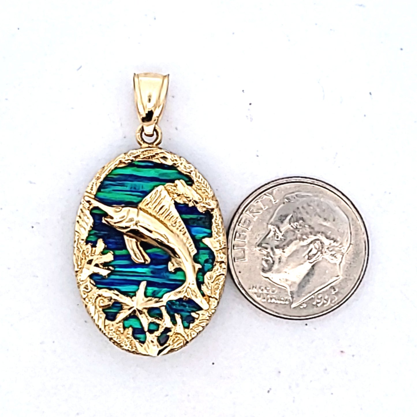 14K Yellow Gold Imitation Opal Marlin Pendant