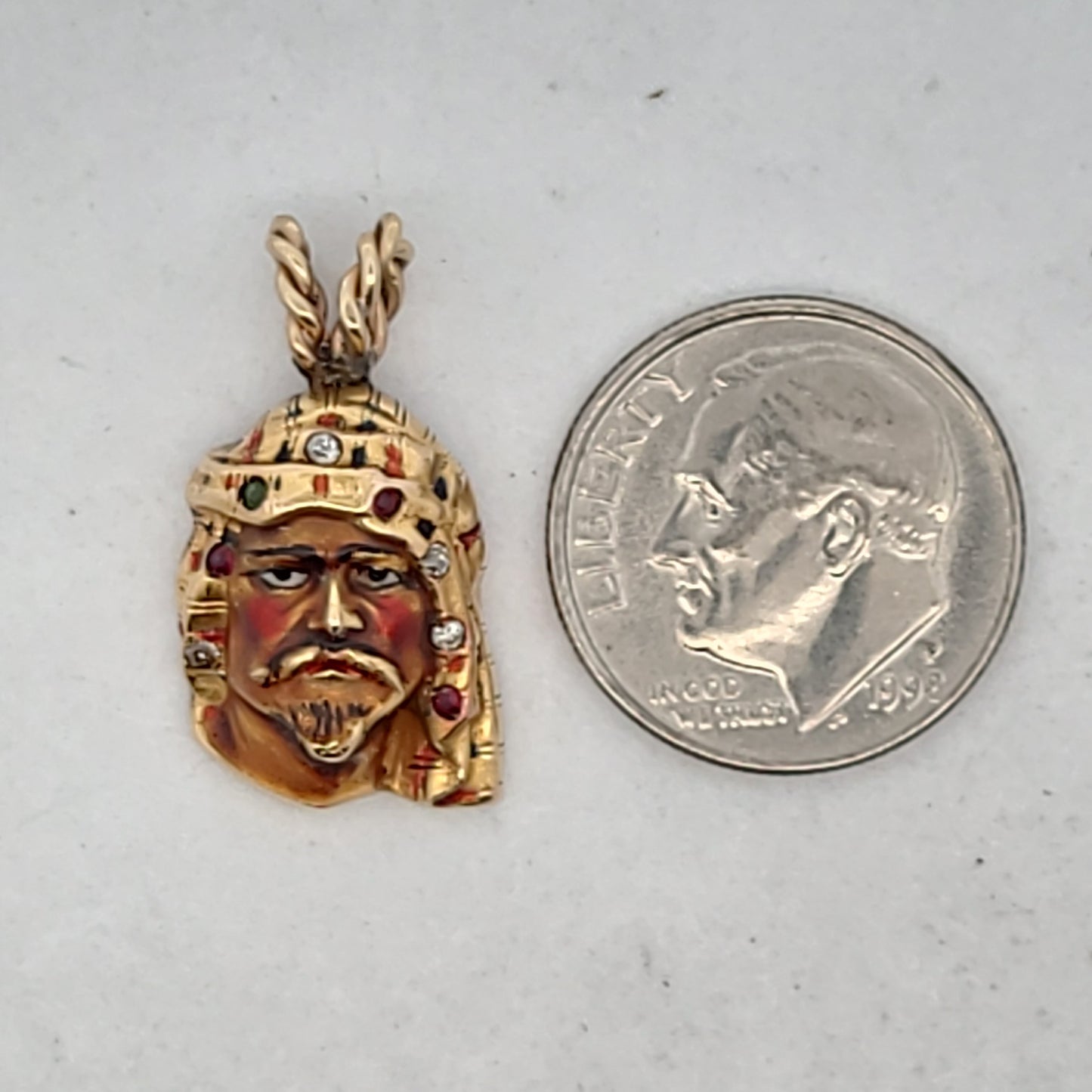 Antique 14K Yellow Gold Enamel Middle Eastern Man Diamond Gemstone Pendant
