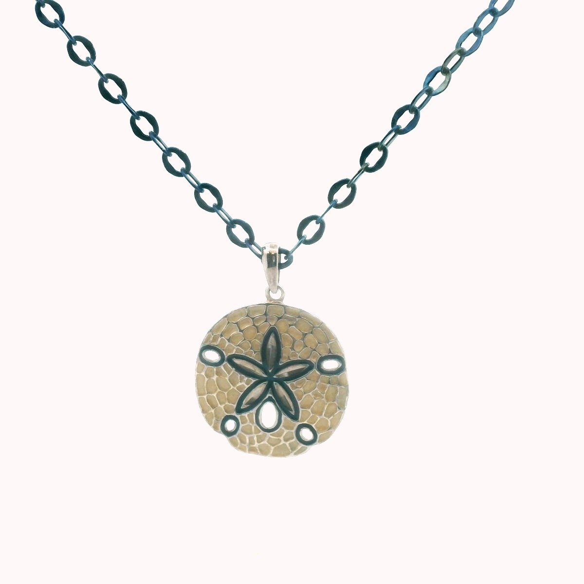 14K Blue Gold Link Chain Sterling Silver Enamel Sand Dollar Pendant