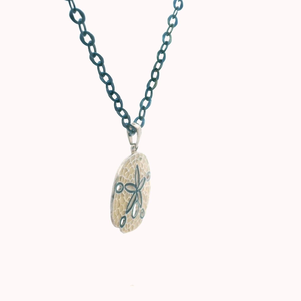 14K Blue Gold Link Chain Sterling Silver Enamel Sand Dollar Pendant