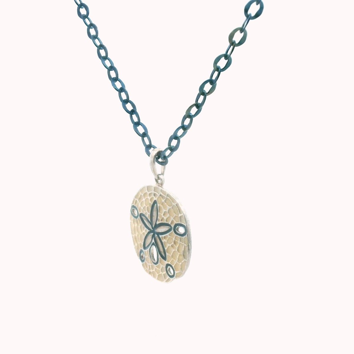 14K Blue Gold Link Chain Sterling Silver Enamel Sand Dollar Pendant