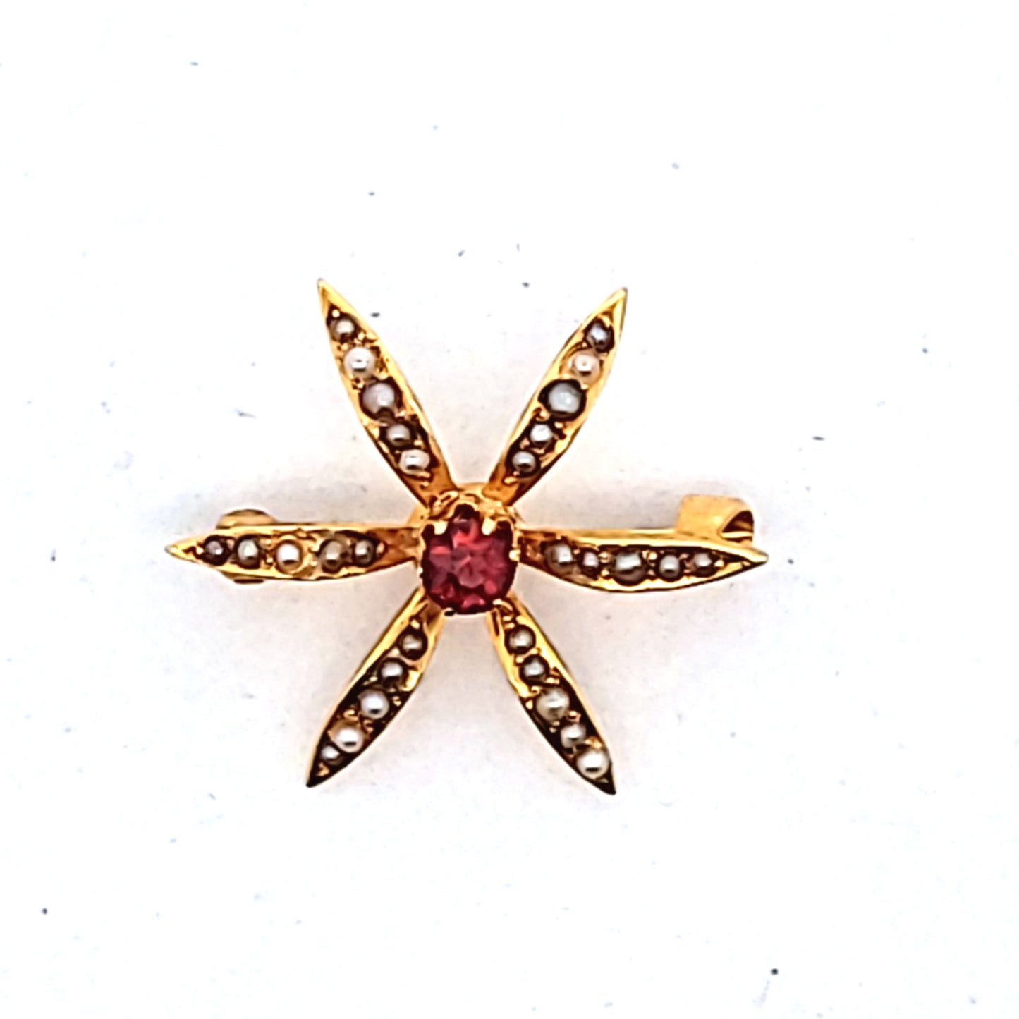 Antique 14K Yellow Gold Garnet & Seed Pearl Brooch