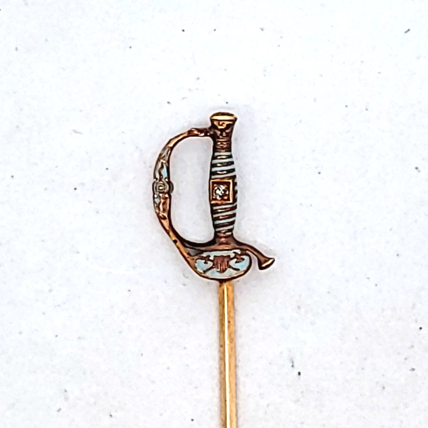 Antique 14k Yellow Gold Enamel Diamond Saber Sword Stick Pin