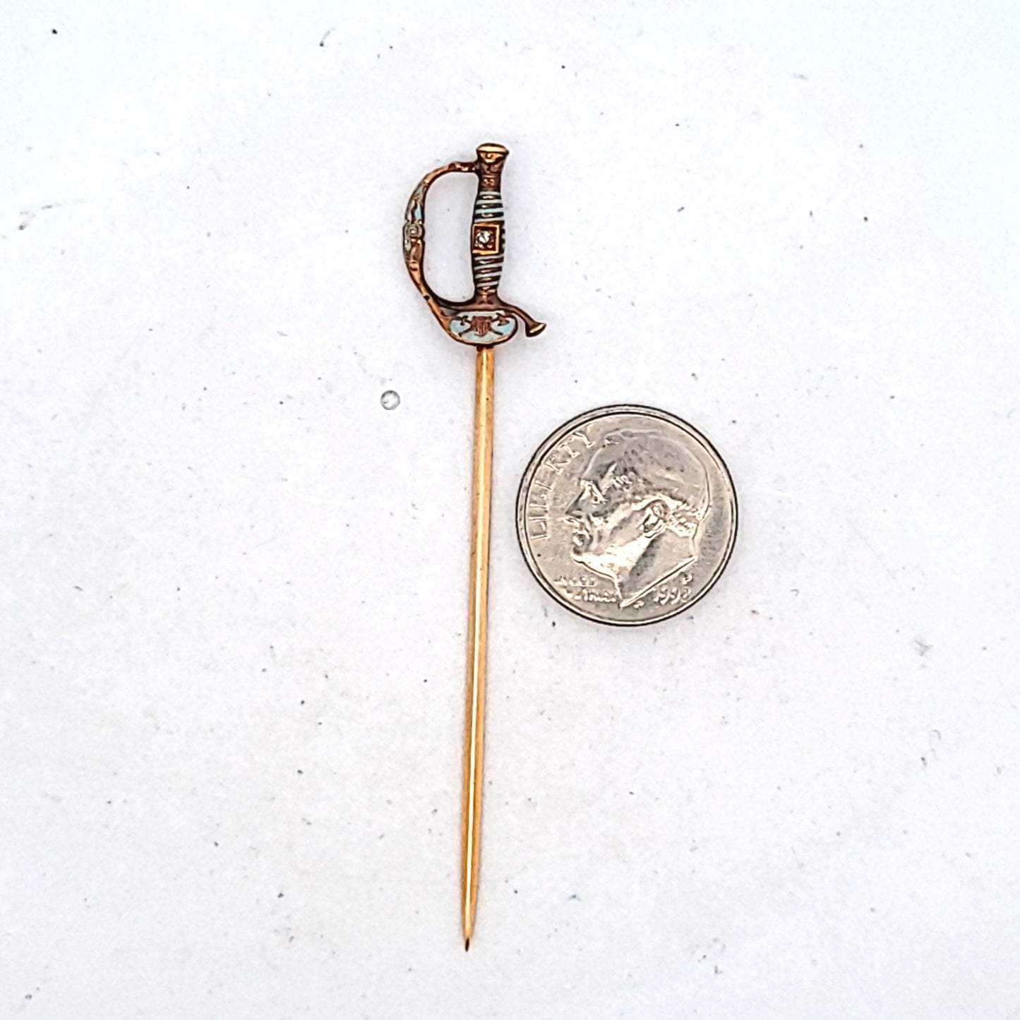 Antique 14k Yellow Gold Enamel Diamond Saber Sword Stick Pin