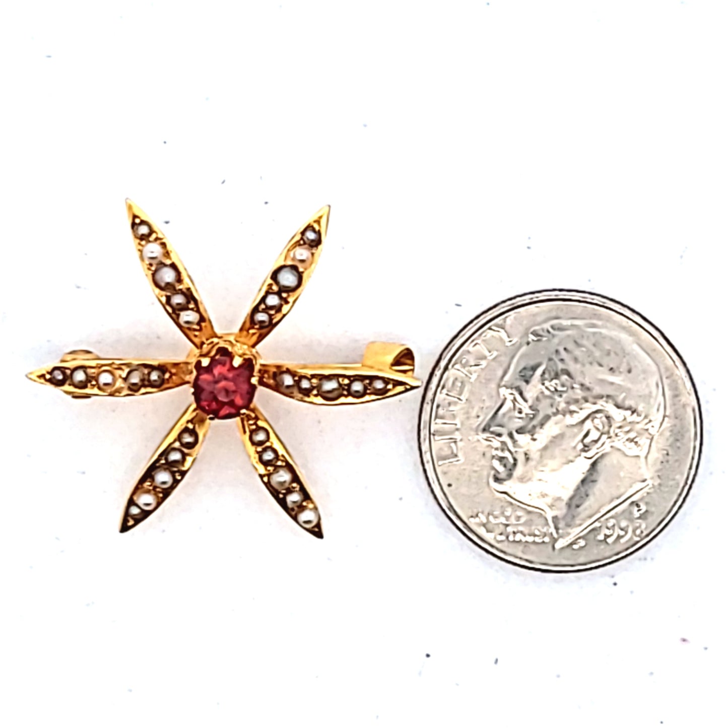 Antique 14K Yellow Gold Garnet & Seed Pearl Brooch