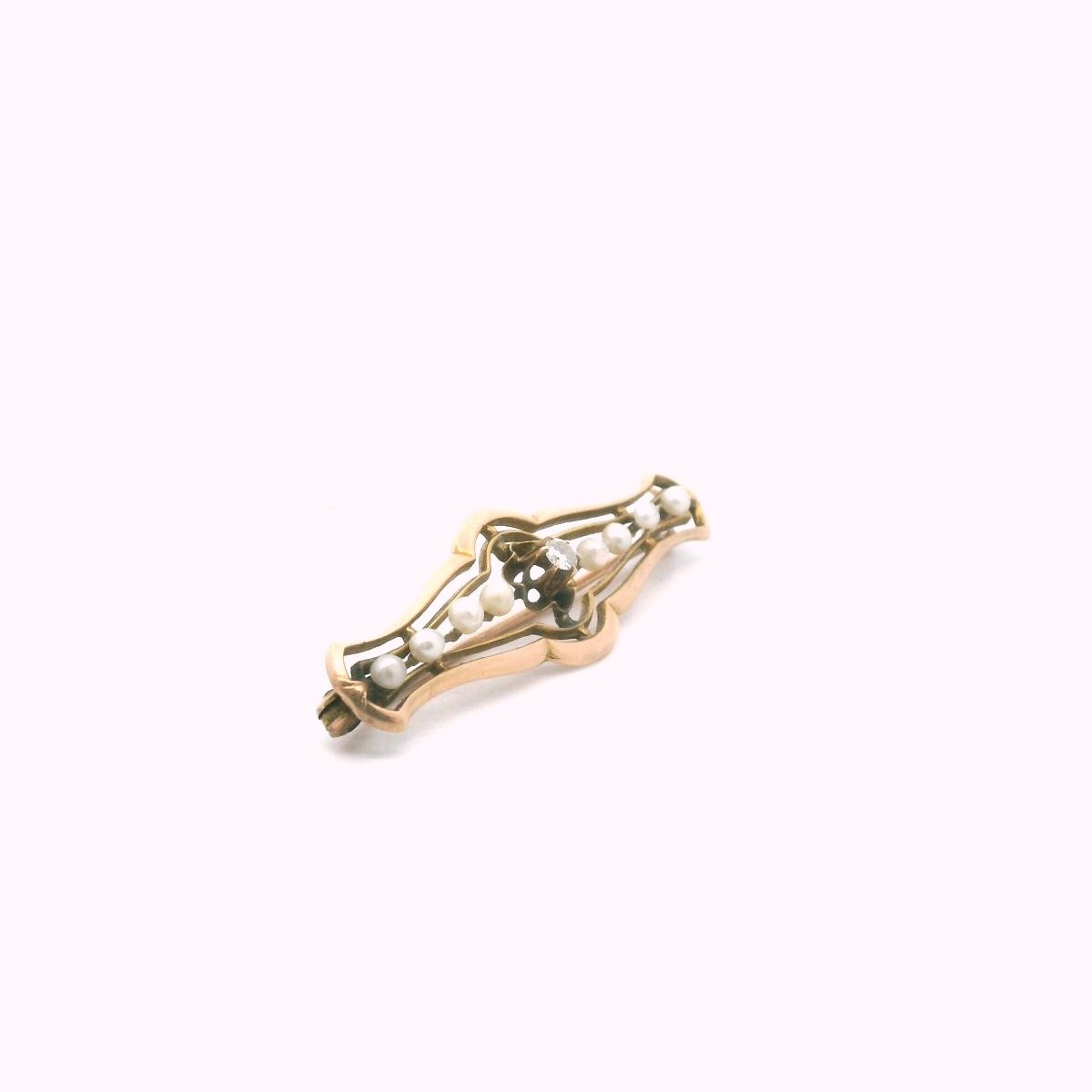 Antique Edwardian 10K Yellow Gold Diamond & Pearl Bar Brooch