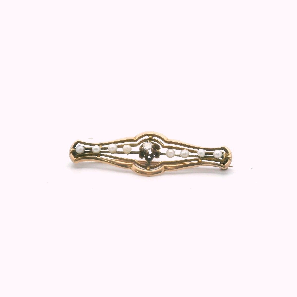 Antique Edwardian 10K Yellow Gold Diamond & Pearl Bar Brooch