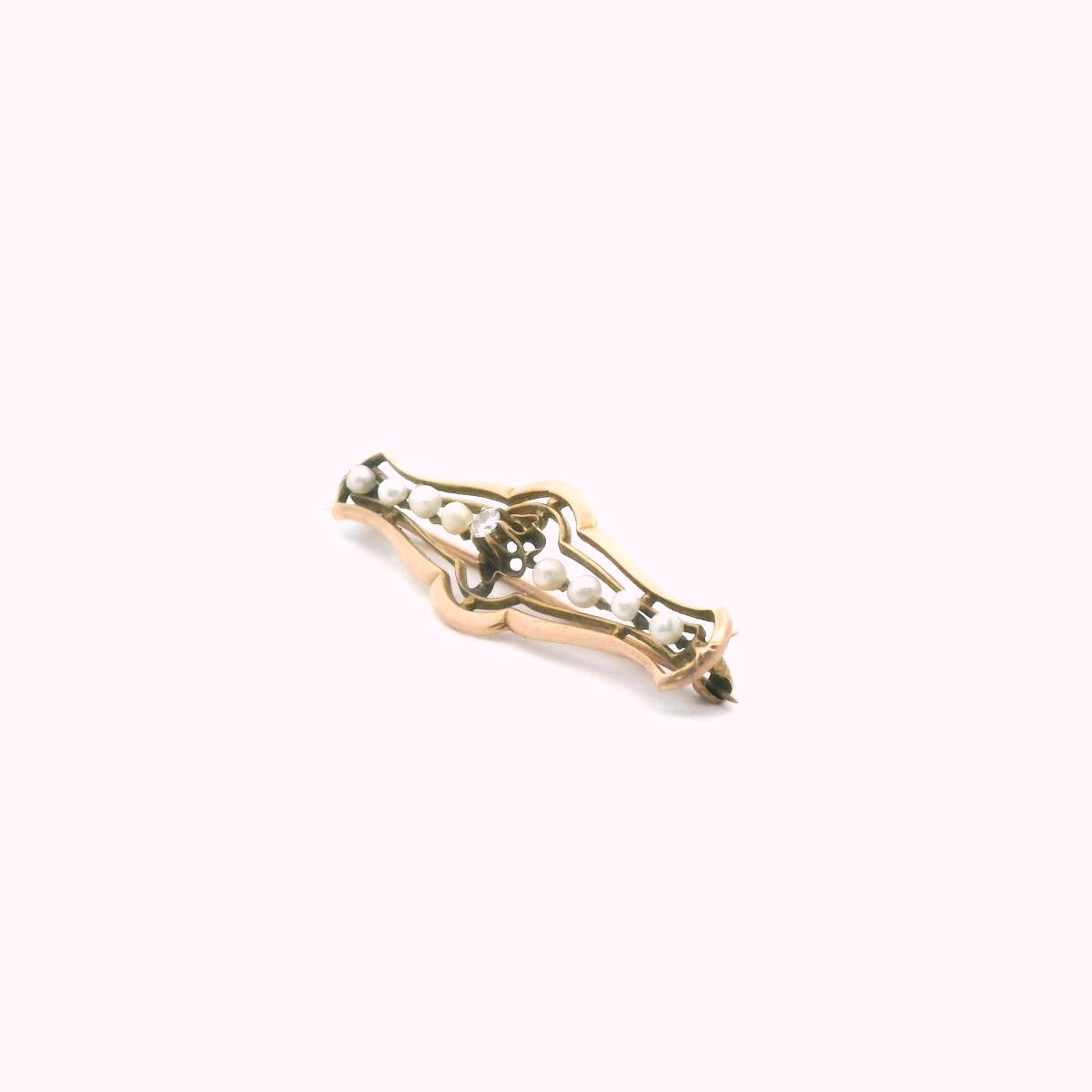 Antique Edwardian 10K Yellow Gold Diamond & Pearl Bar Brooch