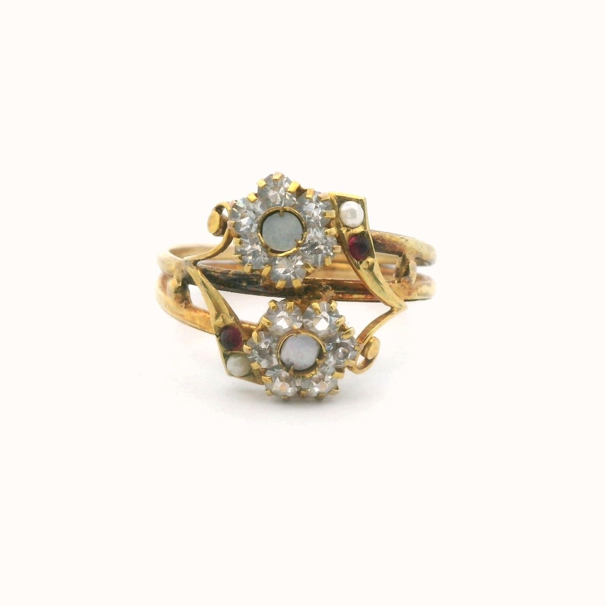 Antique 12K Yellow Gold Mother of Pearl & Crystal Flower Design Ring