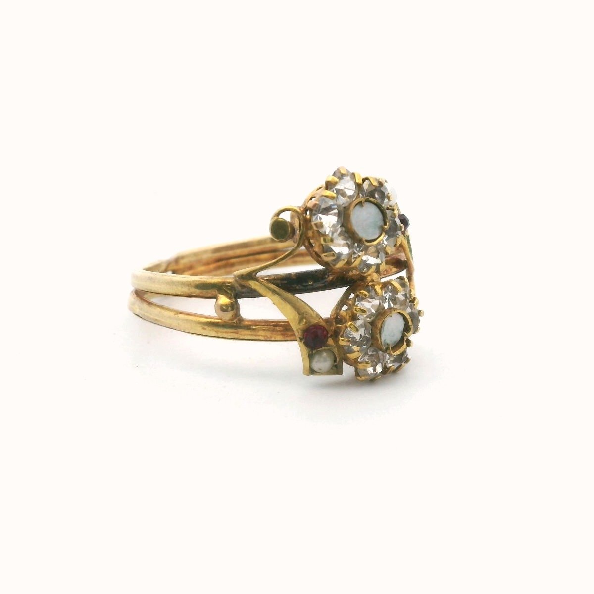 Antique 12K Yellow Gold Mother of Pearl & Crystal Flower Design Ring
