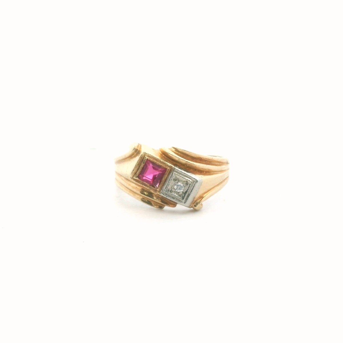 Retro 14K Yellow Gold Diamond & Lab Created Ruby Bypass Ring