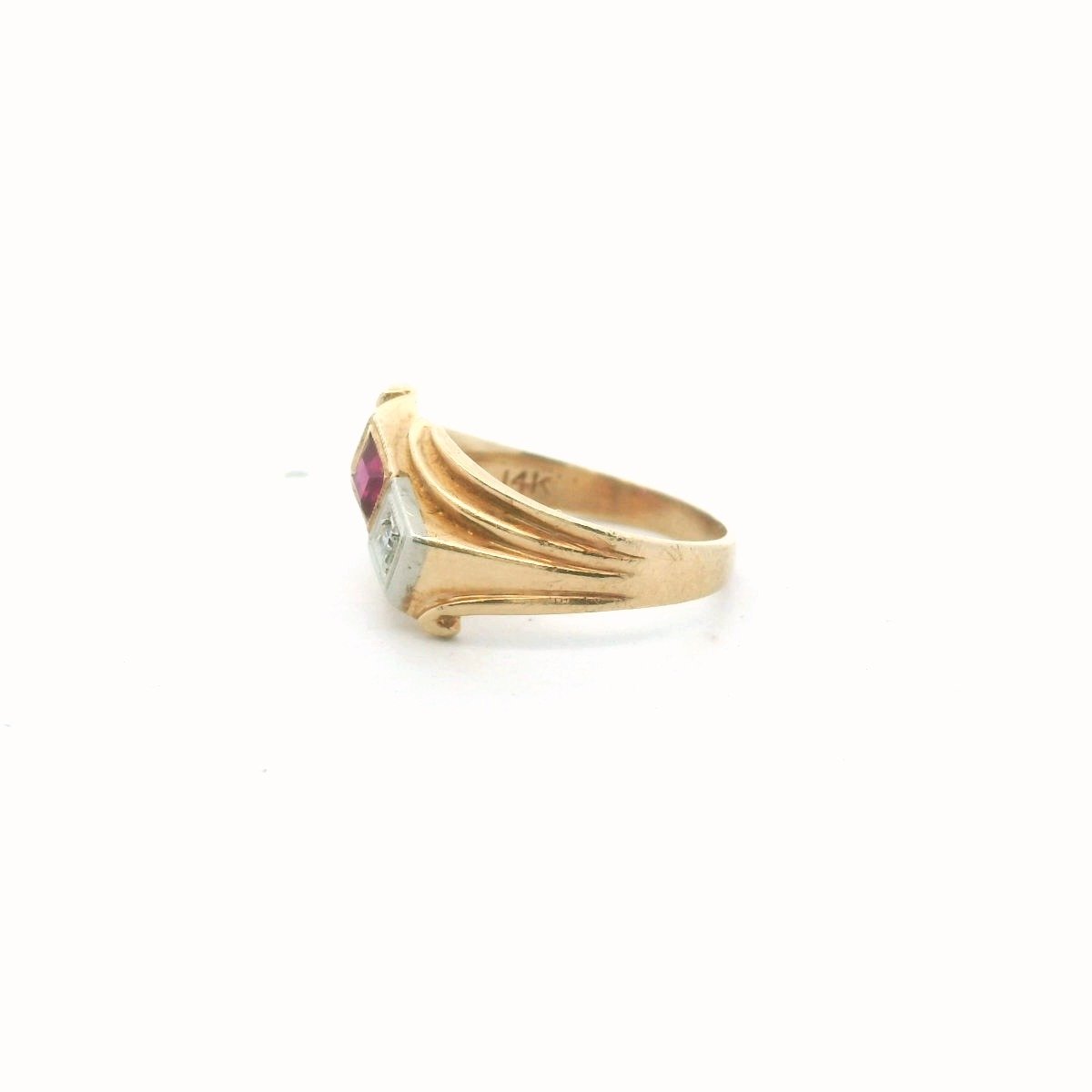 Retro 14K Yellow Gold Diamond & Lab Created Ruby Bypass Ring