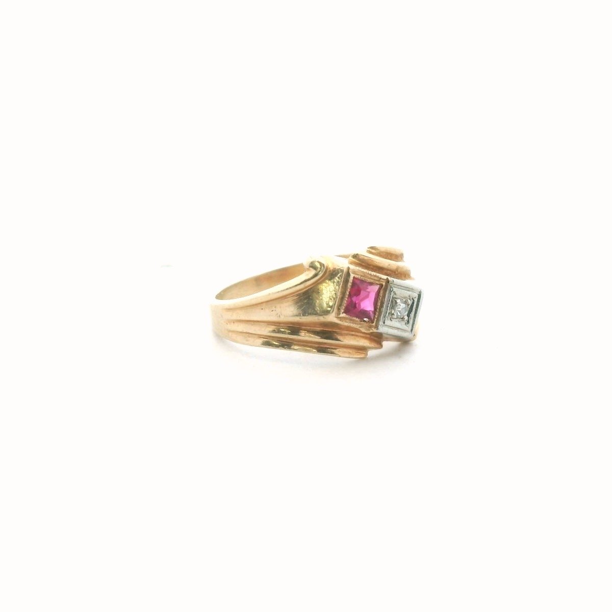 Retro 14K Yellow Gold Diamond & Lab Created Ruby Bypass Ring