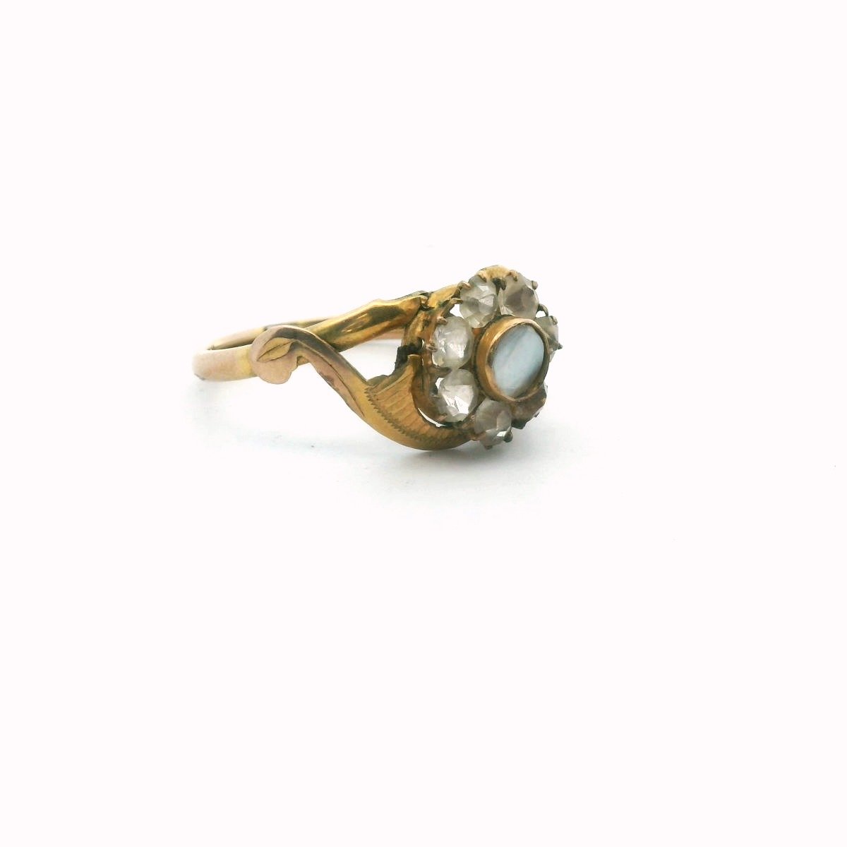 Antique 12K Yellow Gold Mother of Pearl Crystal Halo Ring AS IS