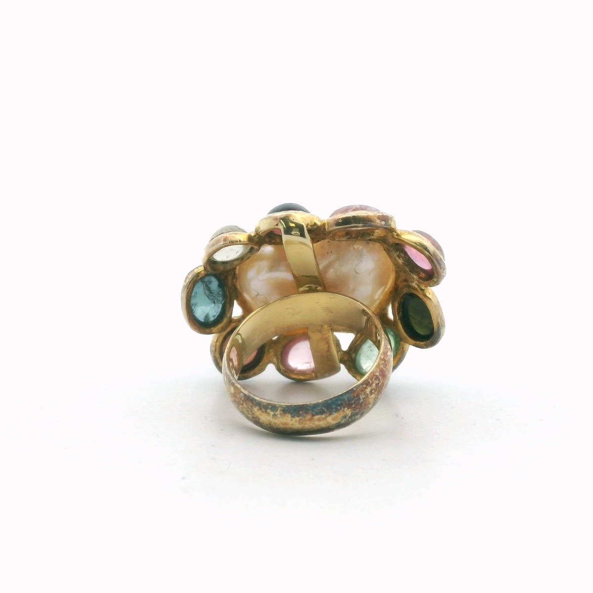 Sterling Silver Gold Plated Baroque Pearl Tourmaline & Quartz Ring