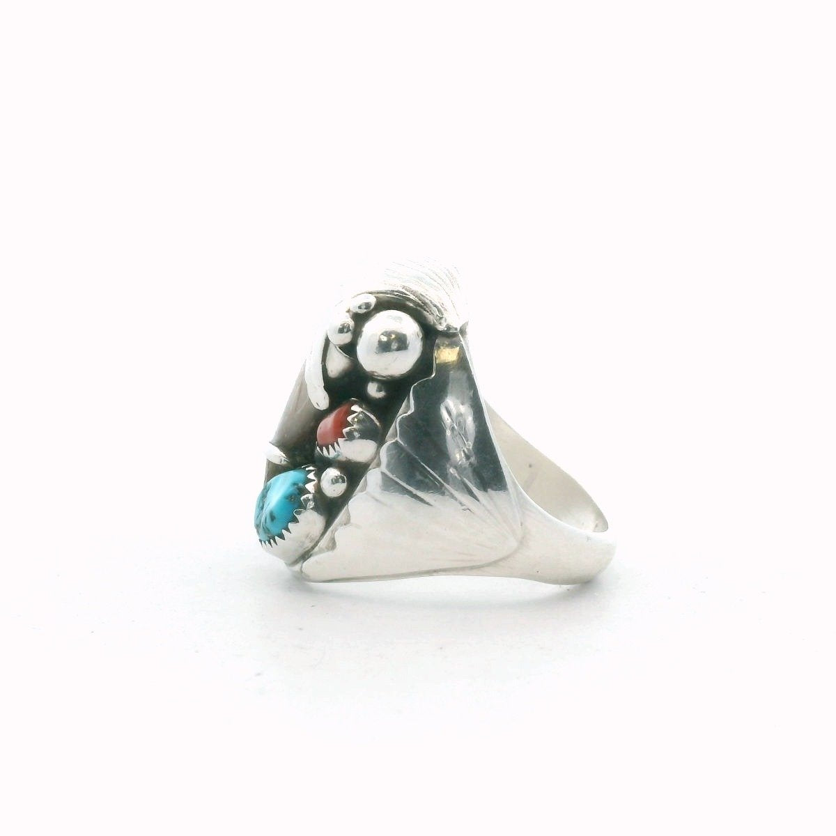 Elaine Sam Navajo Sterling Silver Turquoise & Coral Bear Claw Ring