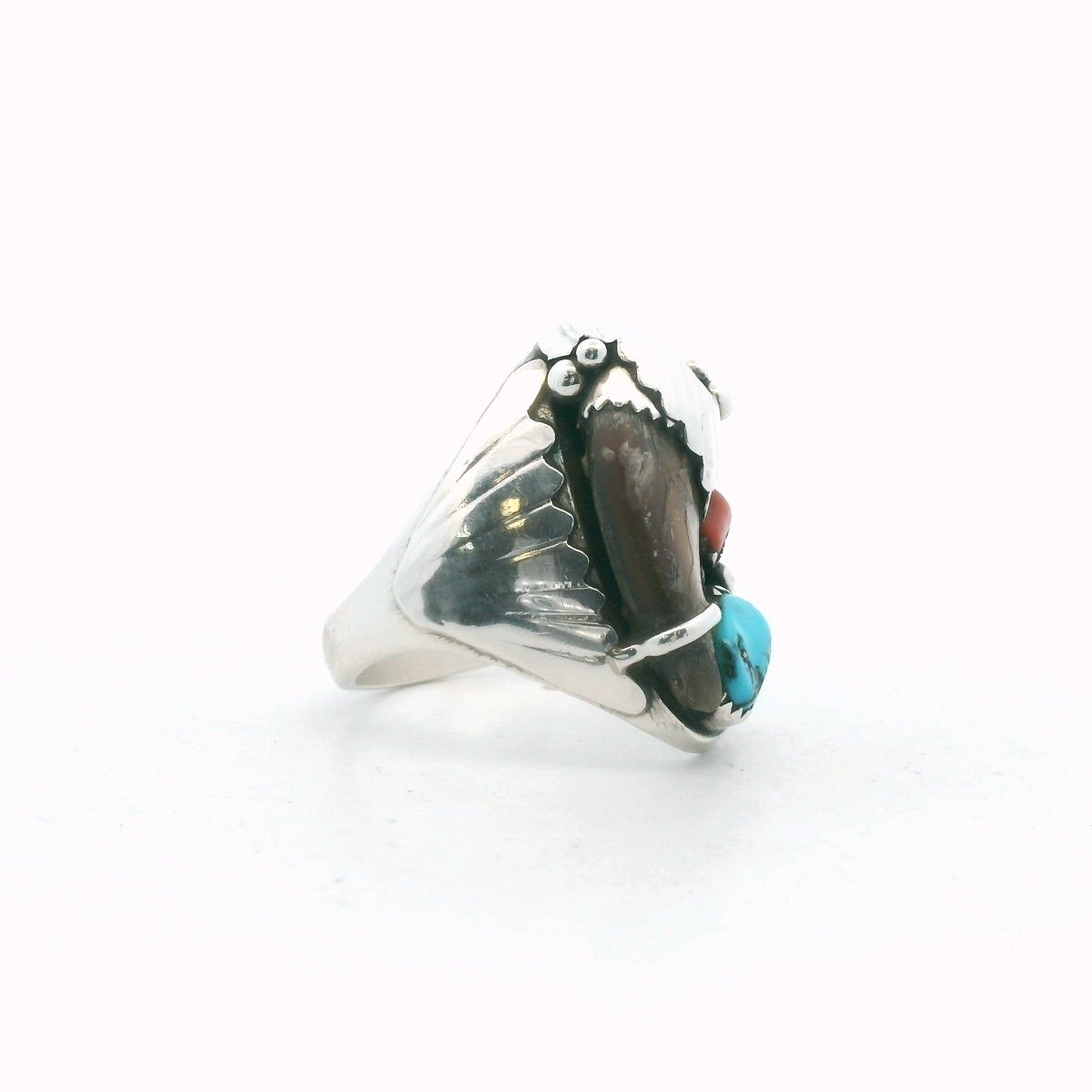 Elaine Sam Navajo Sterling Silver Turquoise & Coral Bear Claw Ring