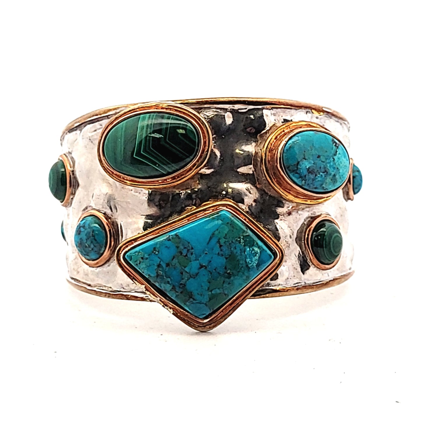 Sterling Diana Venezia Turquoise Malachite Bronze Copper Hammered Cuff