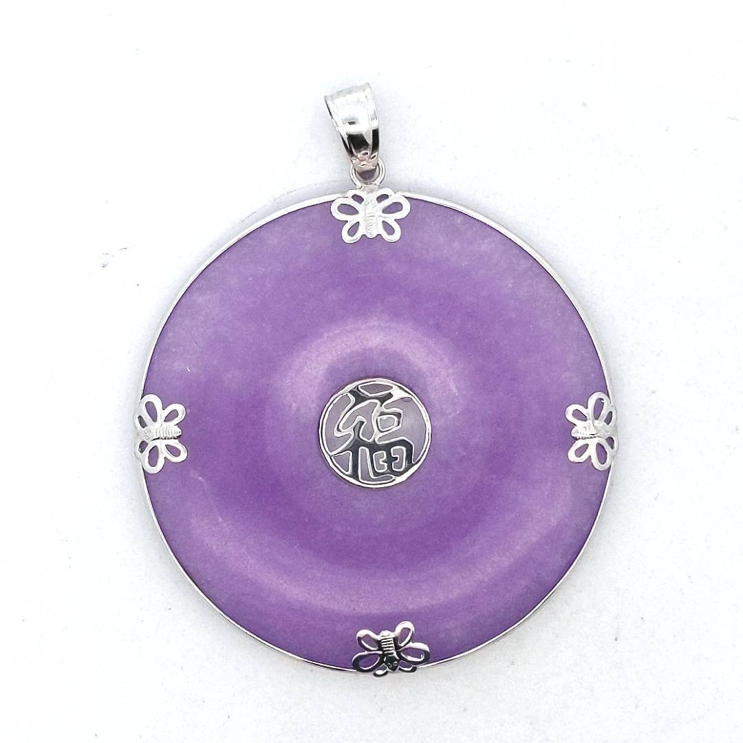 14K White Gold Dyed Lavendar Jade Disc Pendant