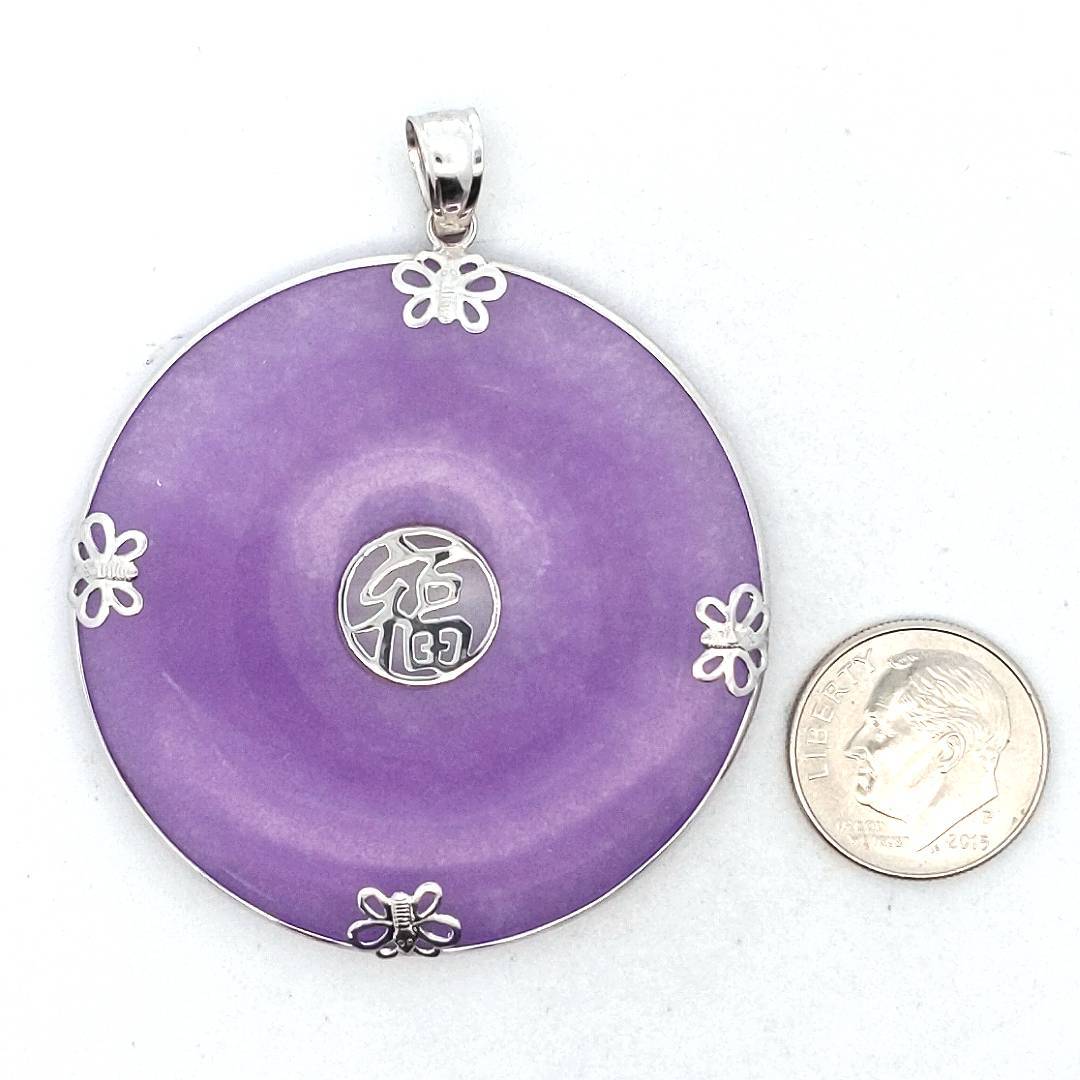 14K White Gold Dyed Lavendar Jade Disc Pendant