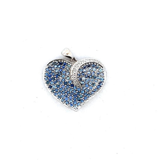 18K White Gold Pave Set Diamond & Sapphire Heart Pendant