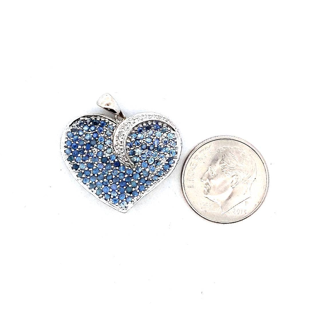 18K White Gold Pave Set Diamond & Sapphire Heart Pendant