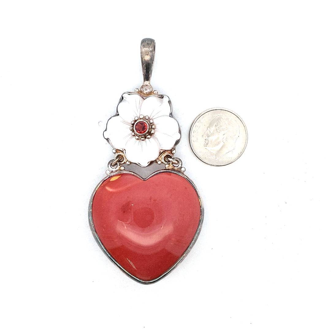 Sajen Sterling Silver Red Japer Mother of Pearl & Garnet Flower Heart Pendant