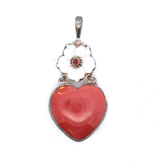 Sajen Sterling Silver Red Japer Mother of Pearl & Garnet Flower Heart Pendant