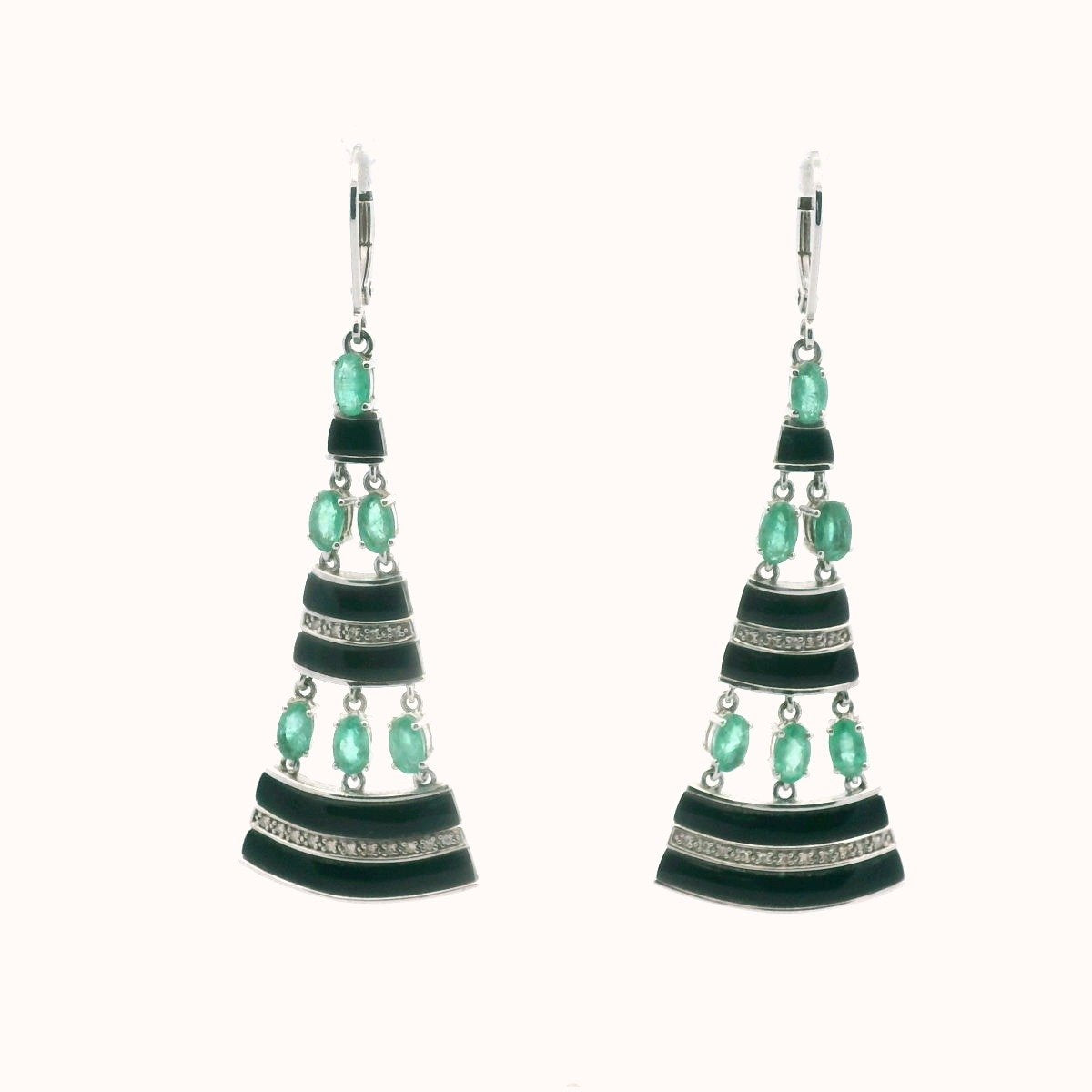 Sterling Silver Diamond Onyx & Emerald Dangle Earrings