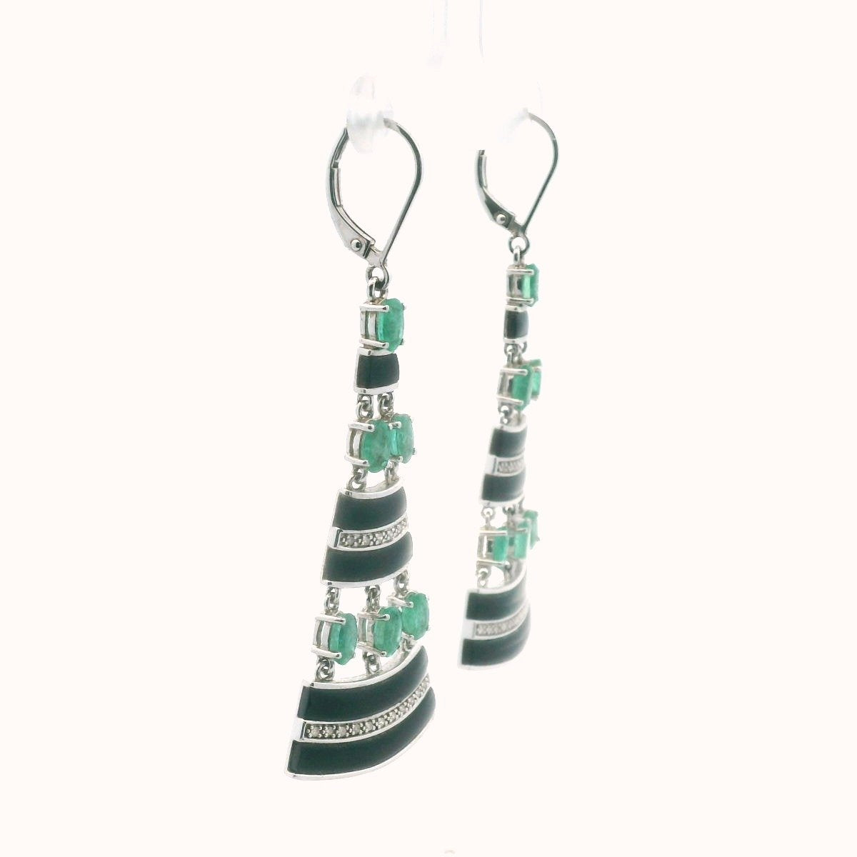 Sterling Silver Diamond Onyx & Emerald Dangle Earrings
