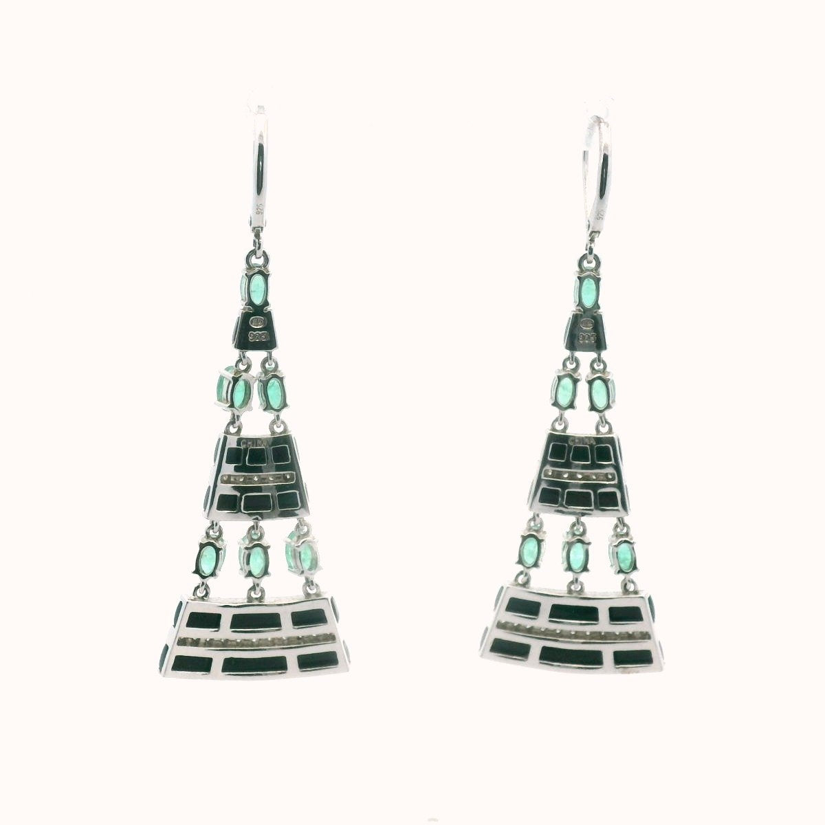 Sterling Silver Diamond Onyx & Emerald Dangle Earrings