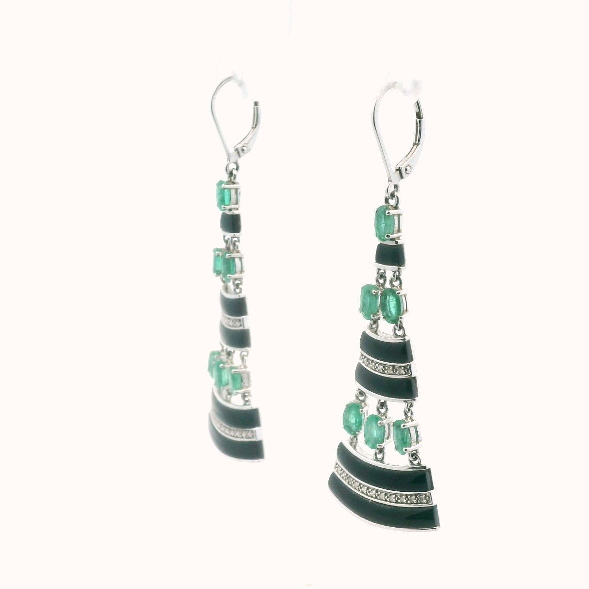 Sterling Silver Diamond Onyx & Emerald Dangle Earrings