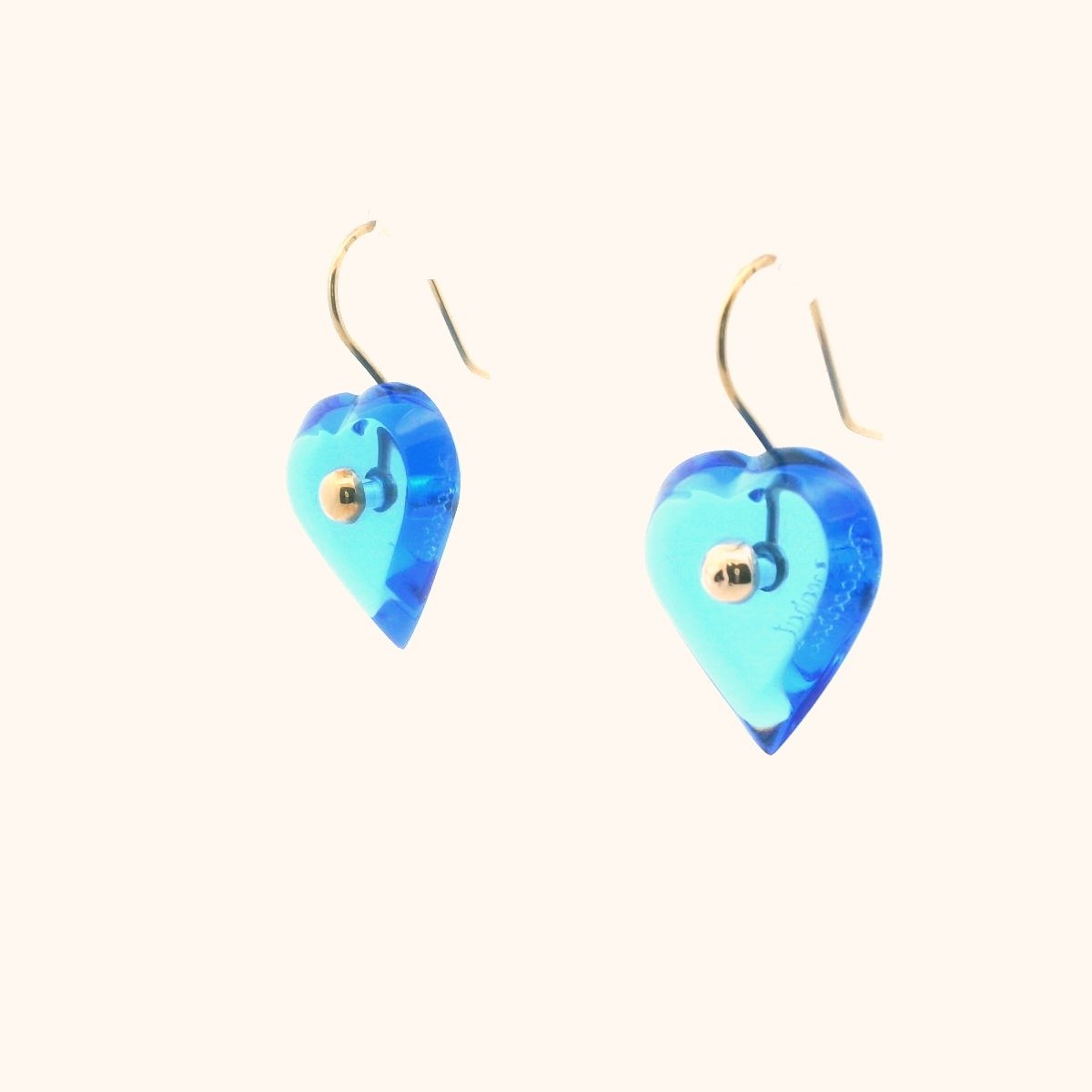 Baccarat 18K Yellow Gold Blue Crystal Heart French Wire Earrings