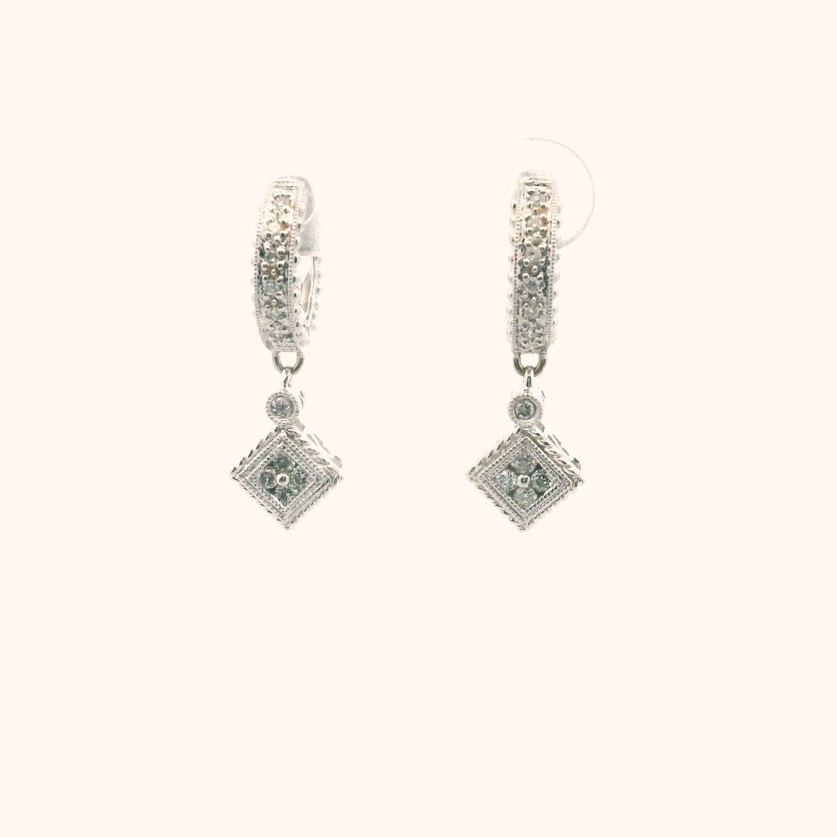 14K White Gold Diamond Huggie Hoop Drop Earrings