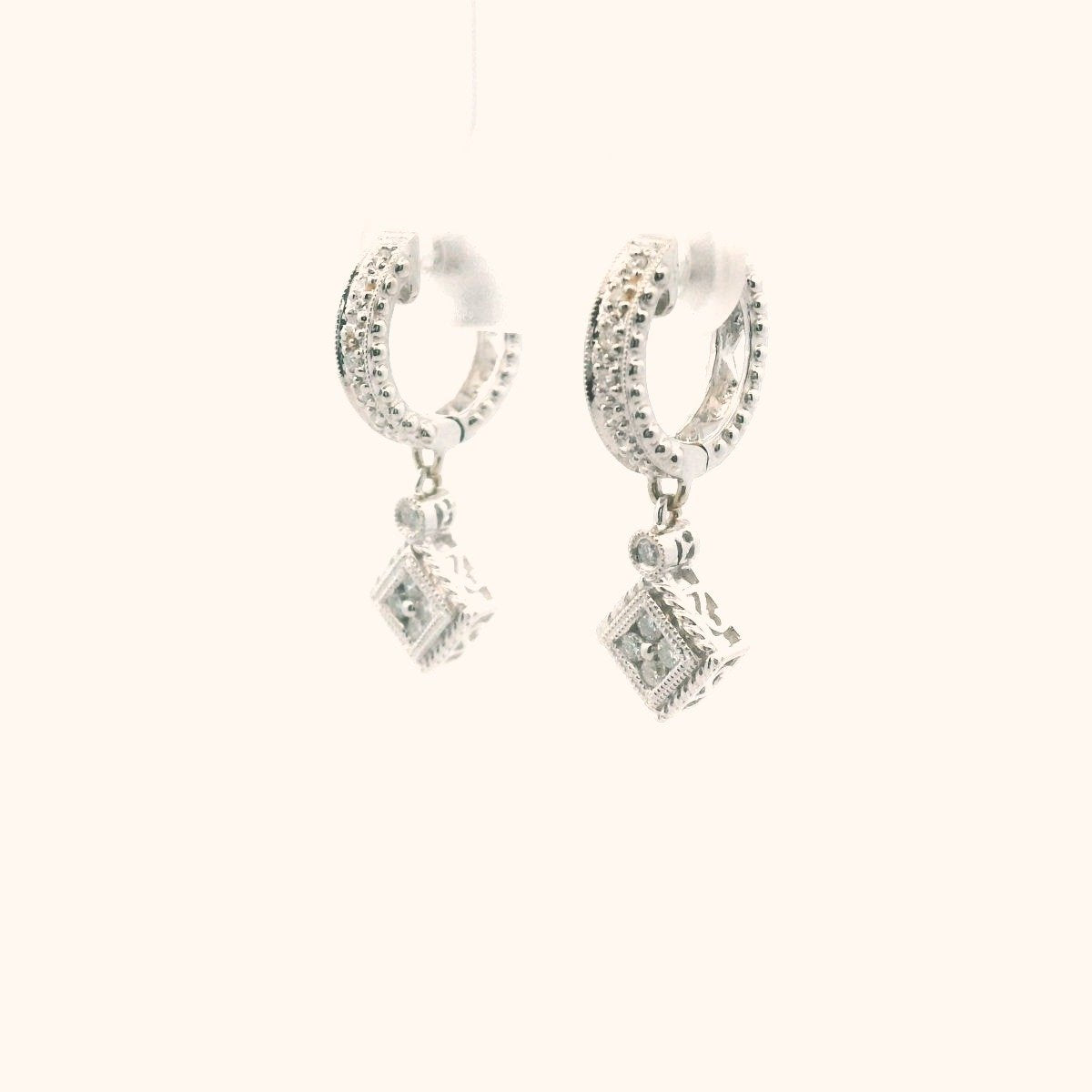 14K White Gold Diamond Huggie Hoop Drop Earrings