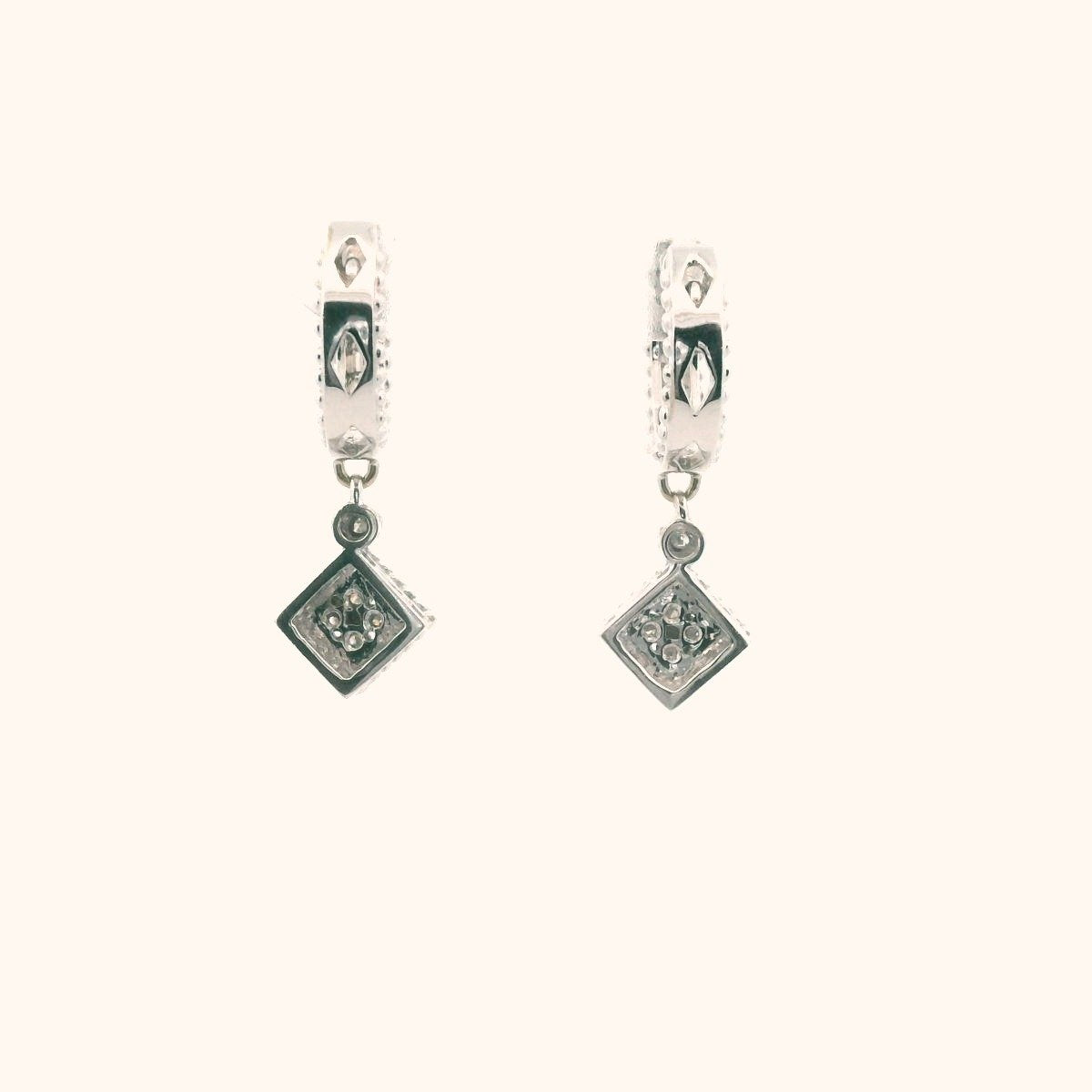 14K White Gold Diamond Huggie Hoop Drop Earrings