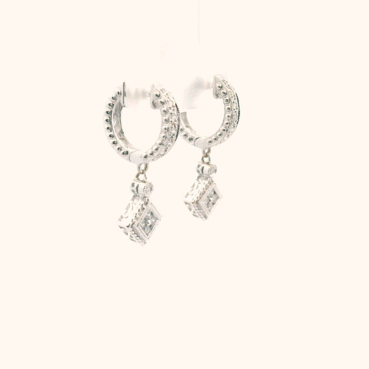14K White Gold Diamond Huggie Hoop Drop Earrings