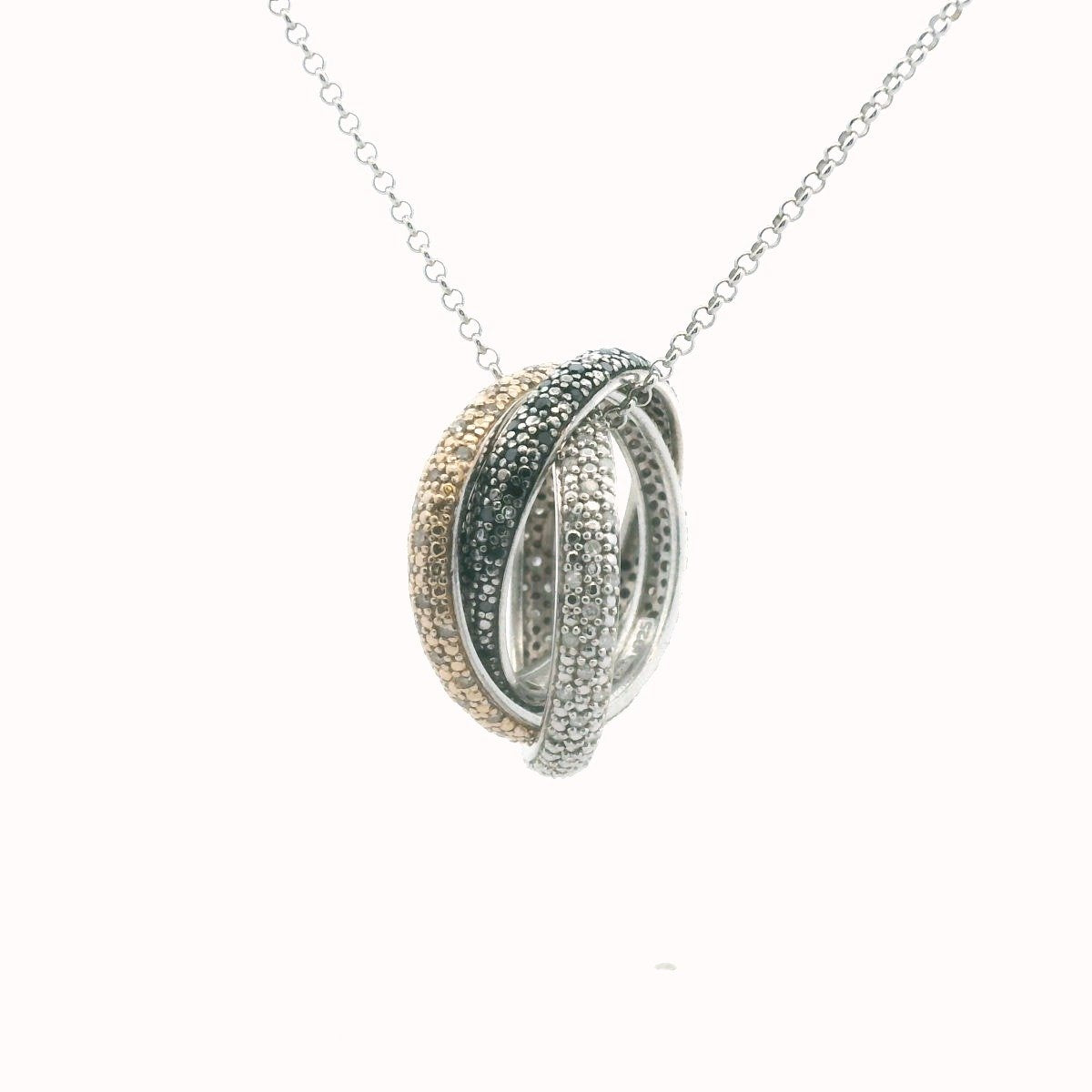 Sterling Silver Tri-Colored Diamond Three Ring Necklace