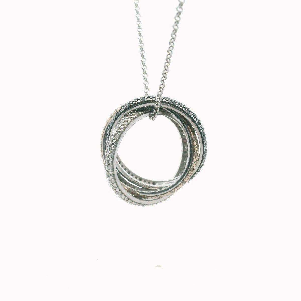 Sterling Silver Tri-Colored Diamond Three Ring Necklace