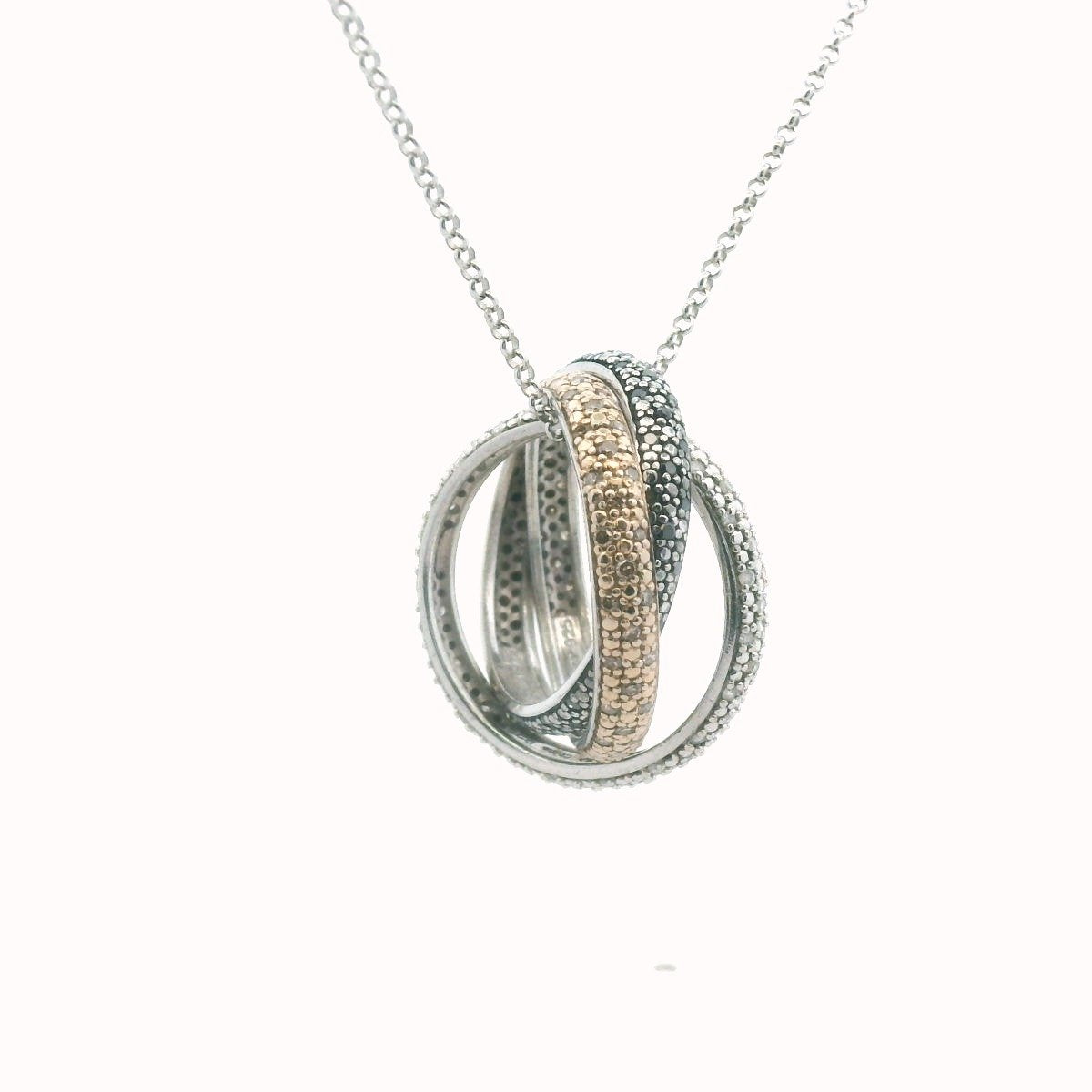 Sterling Silver Tri-Colored Diamond Three Ring Necklace
