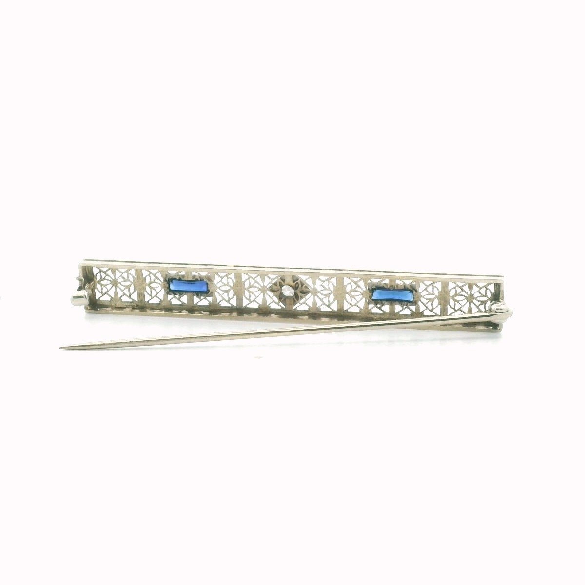 Edwardian 14K White Gold Platinum Diamond & Lab Created Sapphire Brooch