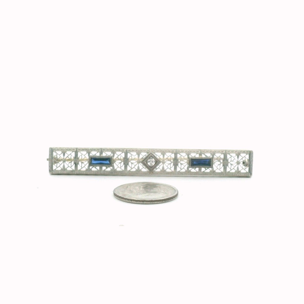 Edwardian 14K White Gold Platinum Diamond & Lab Created Sapphire Brooch