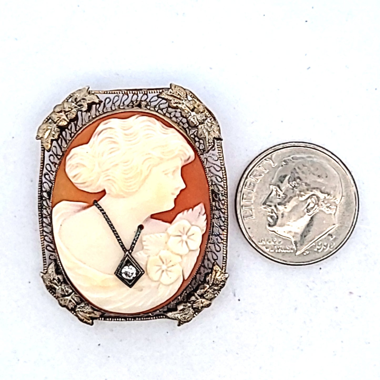 Antique 14K White Gold Carved Shell Cameo Diamond Brooch