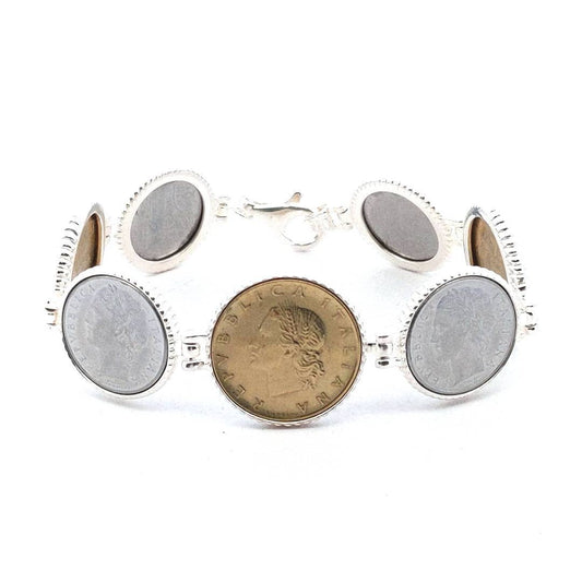 Sterling Silver Bracelet With 7 Italian Lira Base Metal Coins