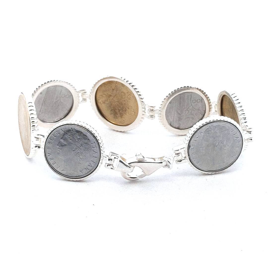 Sterling Silver Bracelet With 7 Italian Lira Base Metal Coins