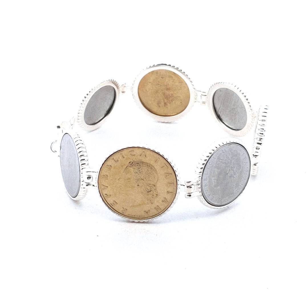 Sterling Silver Bracelet With 7 Italian Lira Base Metal Coins
