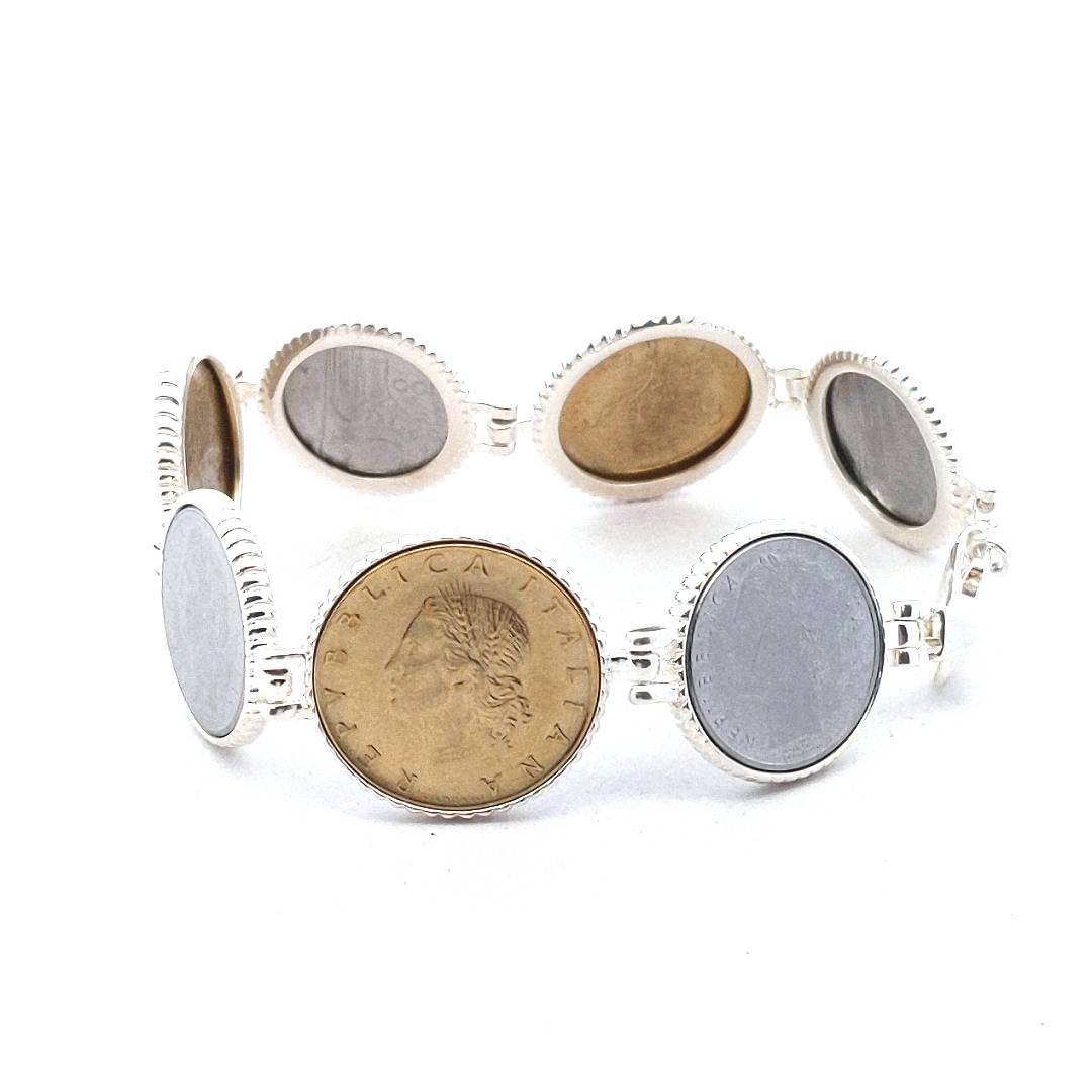 Sterling Silver Bracelet With 7 Italian Lira Base Metal Coins