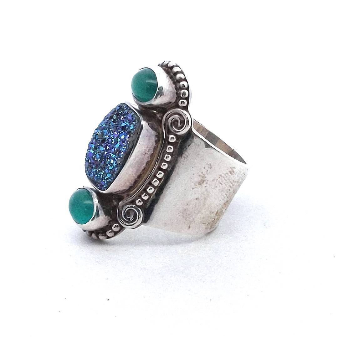 Sajen Sterling Silver Druzy Quartz & Green Chalcedony Ring