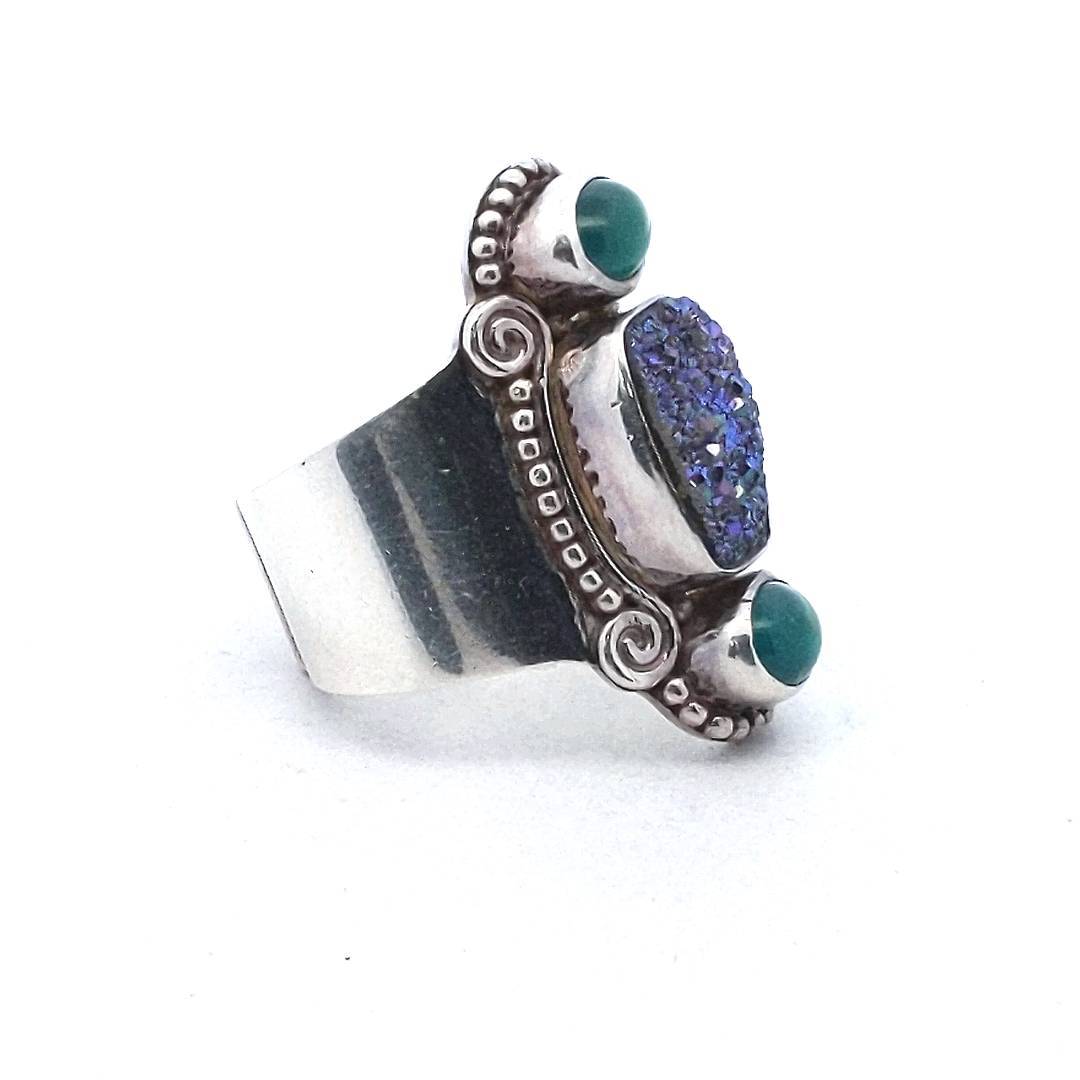 Sajen Sterling Silver Druzy Quartz & Green Chalcedony Ring