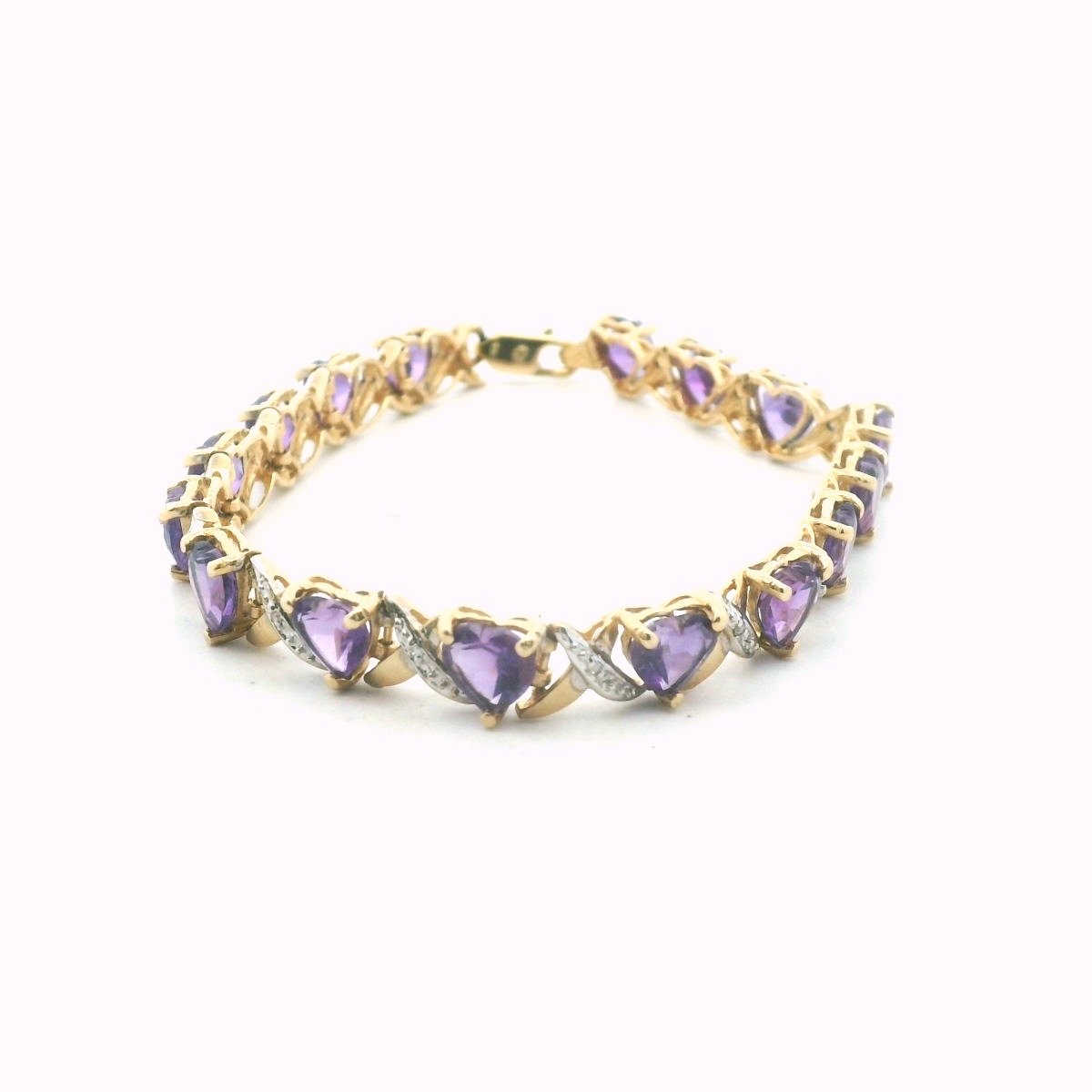 14K Yellow Gold Diamond & Amethyst Heart Bracelet